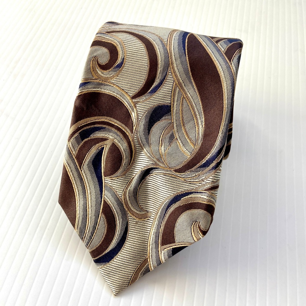 Roberto Villini Couture Tan Brown‎ Navy Swirl Grosgrain SevenFold Mens Silk Tie